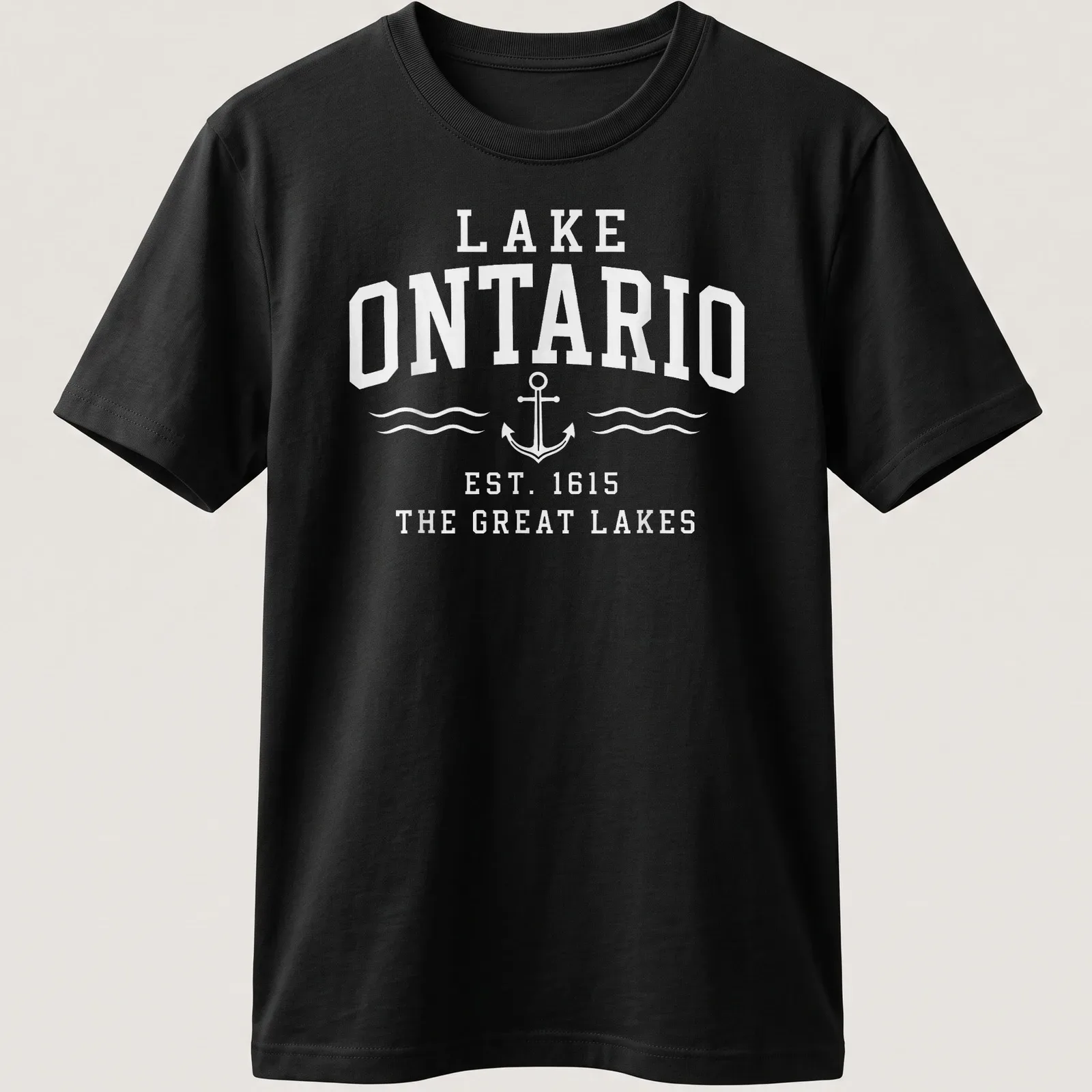 Retro T-shirt featuring Lake Ontario anchor and established text in white — printed on a unisex t-shirt