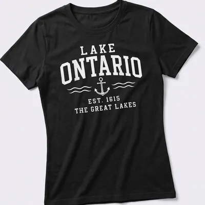 Retro T-shirt featuring Lake Ontario anchor and established text in white — printed on a women's shirt