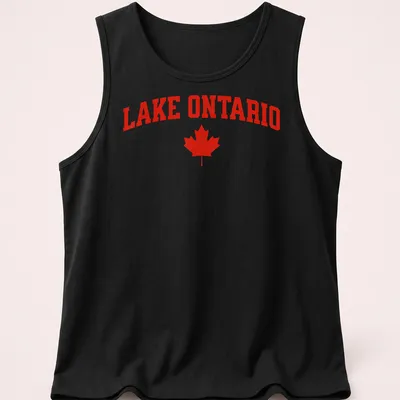 Bold Lake Ontario print with a maple leaf in striking red — printed on a tank top