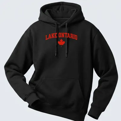 Bold Lake Ontario print with a maple leaf in striking red — printed on a unisex hoodie
