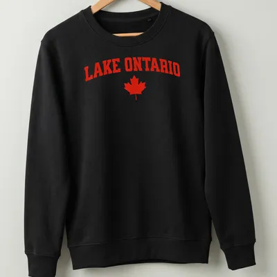 Bold Lake Ontario print with a maple leaf in striking red — printed on a unisex sweatshirt