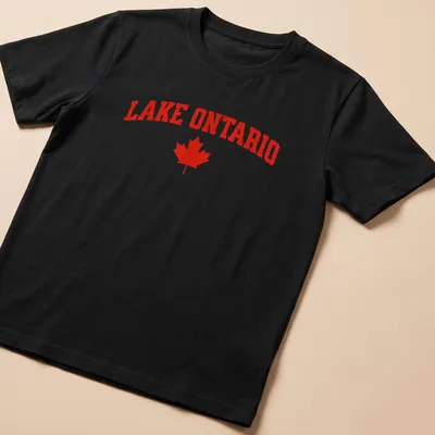 Bold Lake Ontario print with a maple leaf in striking red — printed on a unisex t-shirt