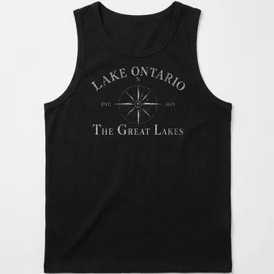 Vintage compass design featuring Lake Ontario history in black and white. — printed on a tank top