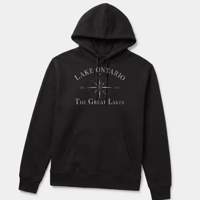 Vintage compass design featuring Lake Ontario history in black and white. — printed on a unisex hoodie
