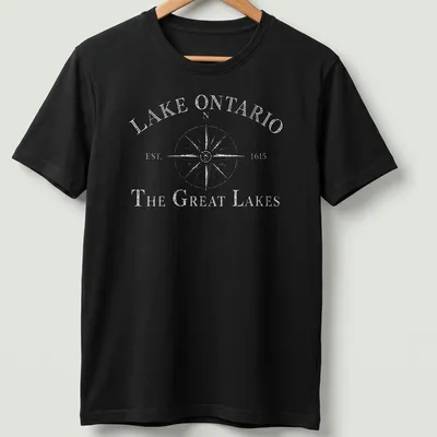 Vintage compass design featuring Lake Ontario history in black and white. — printed on a unisex t-shirt
