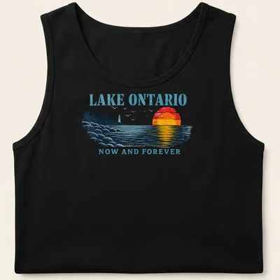 Retro vintage Lake Ontario t-shirt featuring a colorful sunset graphic. — printed on a tank top