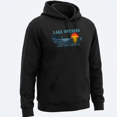 Retro vintage Lake Ontario t-shirt featuring a colorful sunset graphic. — printed on a unisex hoodie