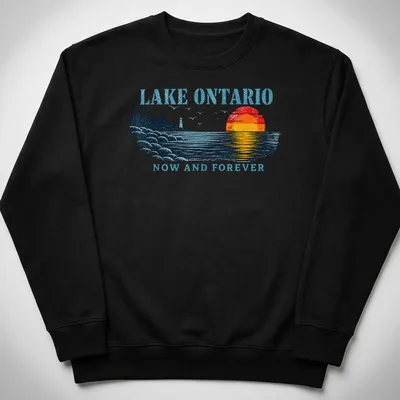 Retro vintage Lake Ontario t-shirt featuring a colorful sunset graphic. — printed on a unisex sweatshirt