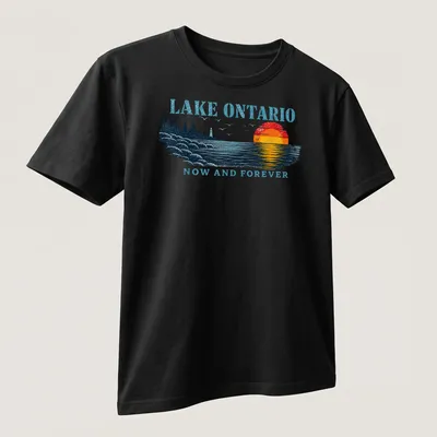 Retro vintage Lake Ontario t-shirt featuring a colorful sunset graphic. — printed on a unisex t-shirt (angled view)