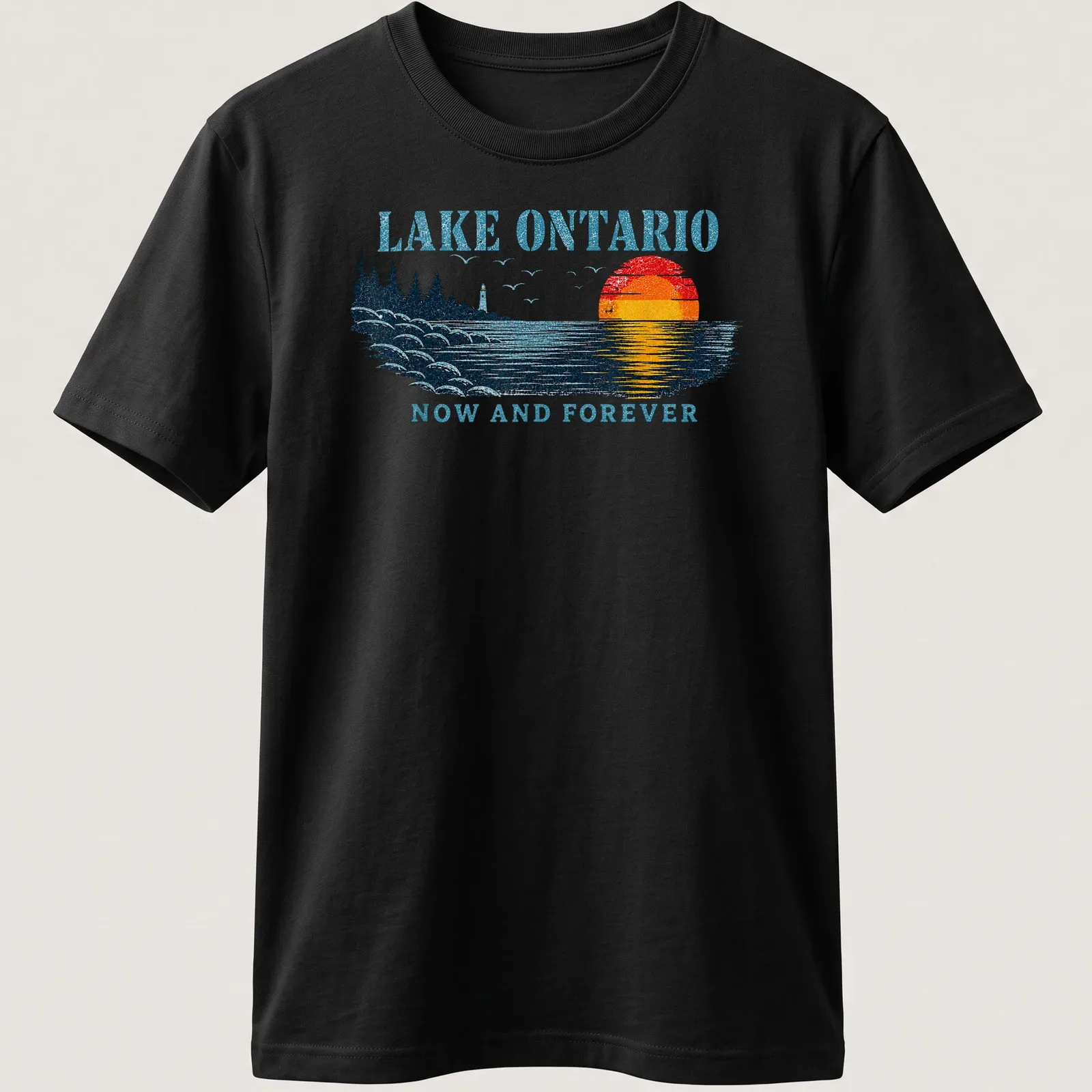 Retro vintage Lake Ontario t-shirt featuring a colorful sunset graphic. — printed on a unisex t-shirt