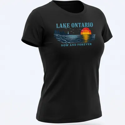 Retro vintage Lake Ontario t-shirt featuring a colorful sunset graphic. — printed on a women's shirt
