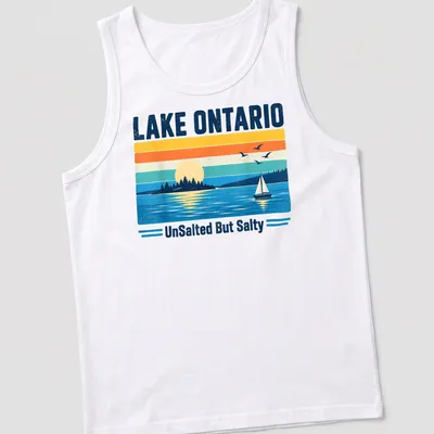 Retro vintage design of a sailboat on Lake Ontario at sunset with various colors — printed on a tank top