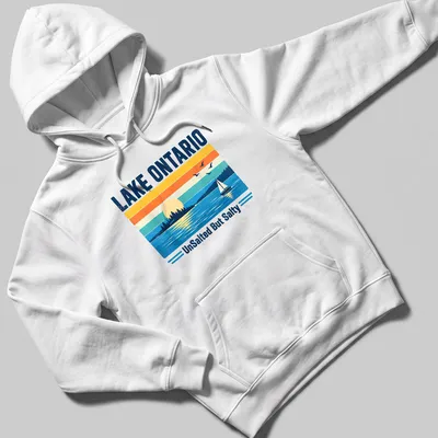 Retro vintage design of a sailboat on Lake Ontario at sunset with various colors — printed on a unisex hoodie