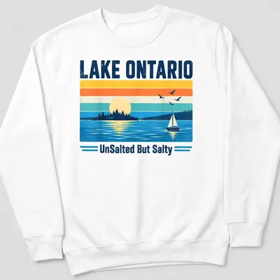 Retro vintage design of a sailboat on Lake Ontario at sunset with various colors — printed on a unisex sweatshirt