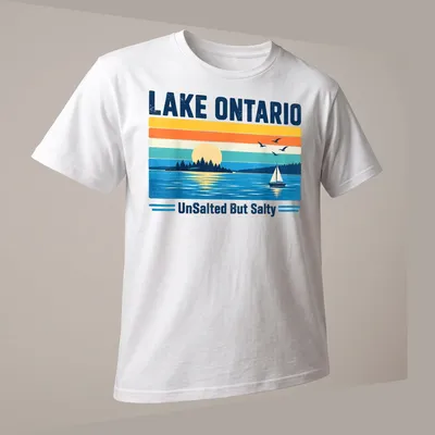 Retro vintage design of a sailboat on Lake Ontario at sunset with various colors — printed on a unisex t-shirt (angled view)