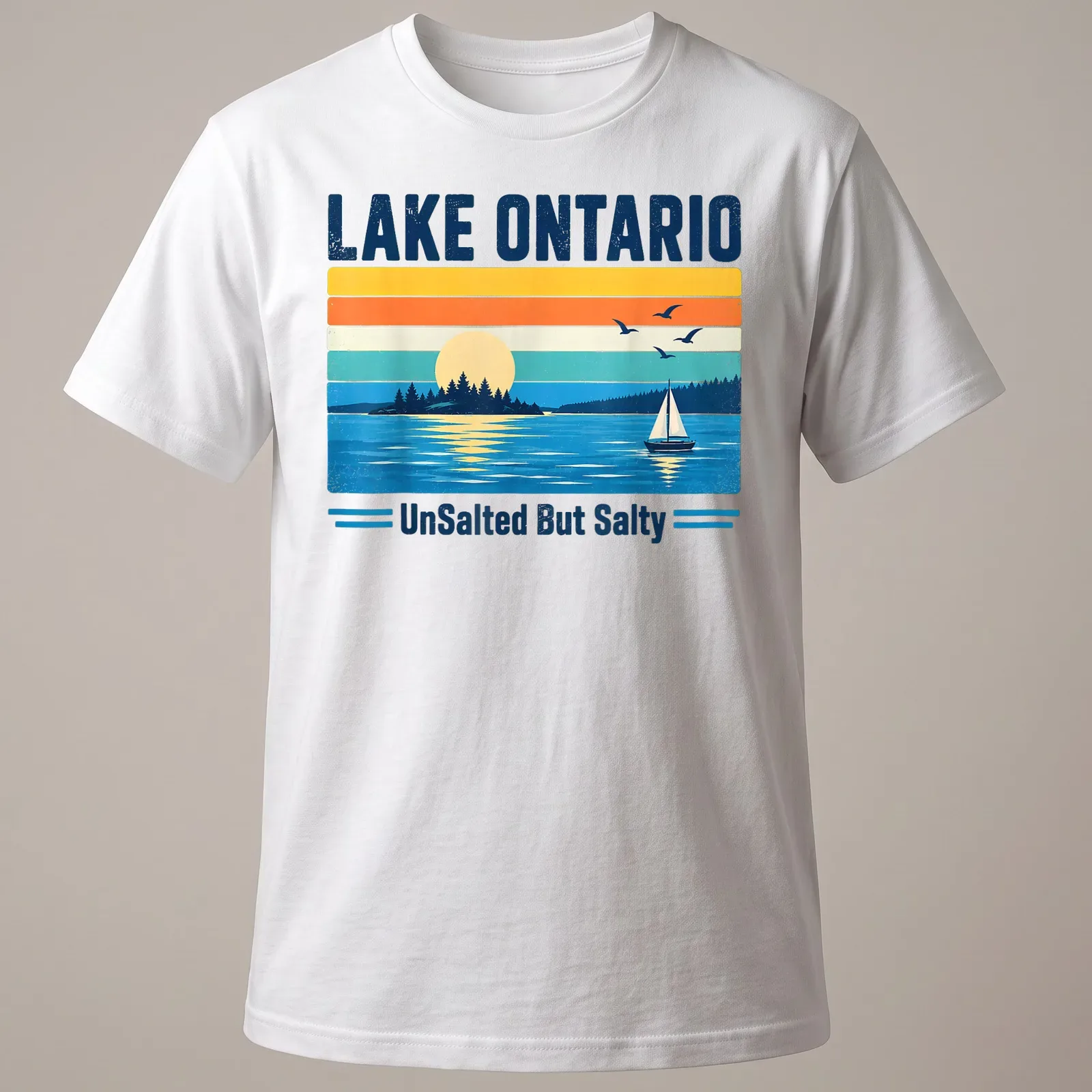 Retro vintage design of a sailboat on Lake Ontario at sunset with various colors — printed on a unisex t-shirt