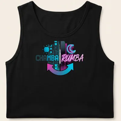 T-shirt featuring 'CHAMBA RUMBA' in bold retro font with synthwave style — printed on a tank top