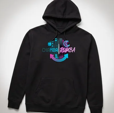 T-shirt featuring 'CHAMBA RUMBA' in bold retro font with synthwave style — printed on a unisex hoodie