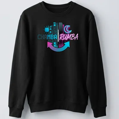 T-shirt featuring 'CHAMBA RUMBA' in bold retro font with synthwave style — printed on a unisex sweatshirt