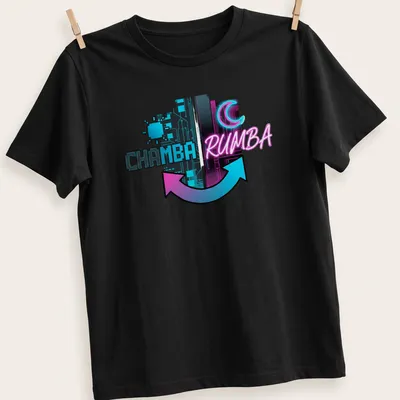 T-shirt featuring 'CHAMBA RUMBA' in bold retro font with synthwave style