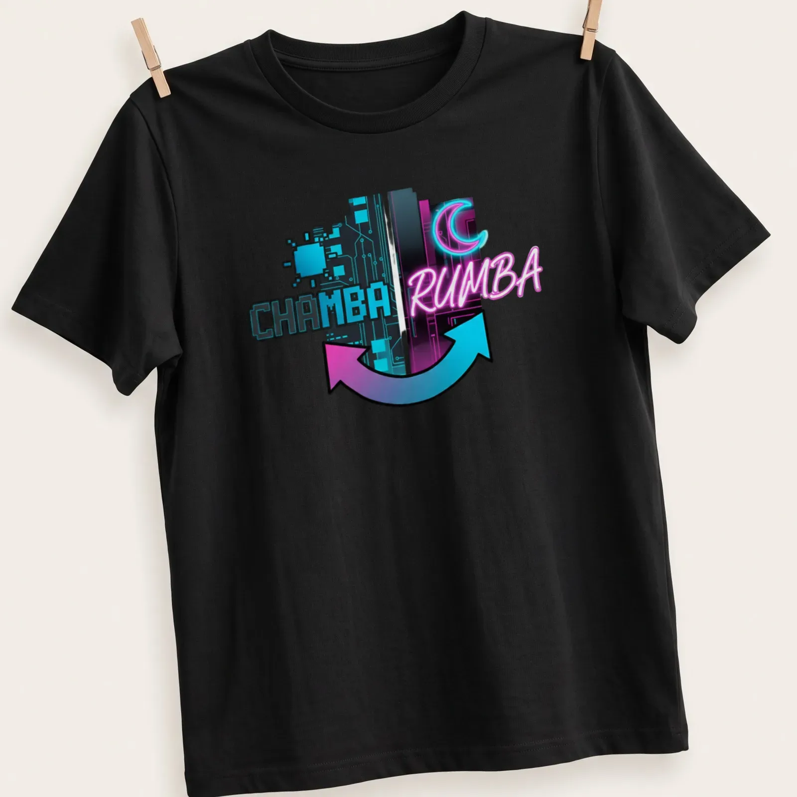 T-shirt featuring 'CHAMBA RUMBA' in bold retro font with synthwave style — printed on a unisex t-shirt