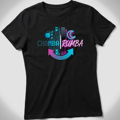 T-shirt featuring 'CHAMBA RUMBA' in bold retro font with synthwave style — printed on a women's shirt