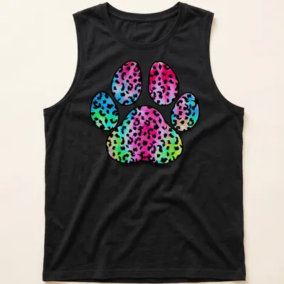 Watercolor leopard paw print in vibrant tie-dye colors on a — printed on a tank top