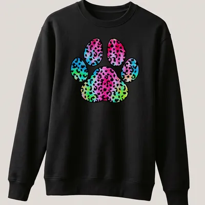 Watercolor leopard paw print in vibrant tie-dye colors on a — printed on a unisex sweatshirt