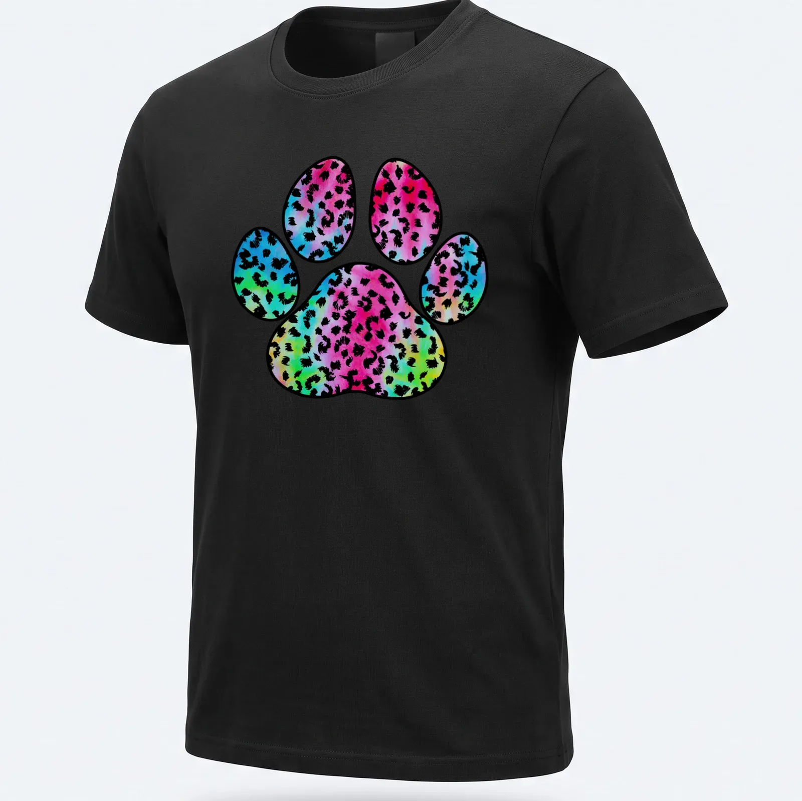 Watercolor leopard paw print in vibrant tie-dye colors on a — printed on a unisex t-shirt