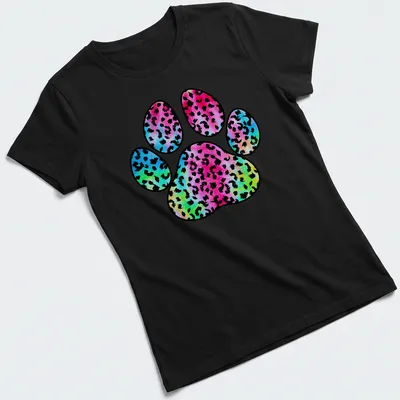 Watercolor leopard paw print in vibrant tie-dye colors on a — printed on a women's shirt