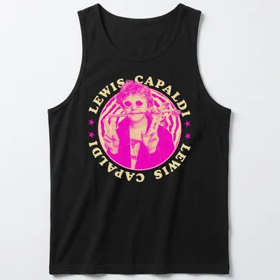 Halftone print of Lewis Capaldi's name in pink, yellow, black, and white. — printed on a tank top