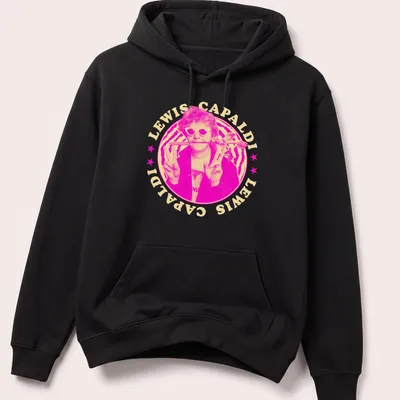 Halftone print of Lewis Capaldi's name in pink, yellow, black, and white. — printed on a unisex hoodie
