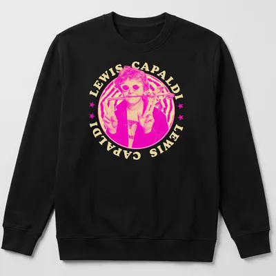 Halftone print of Lewis Capaldi's name in pink, yellow, black, and white. — printed on a unisex sweatshirt
