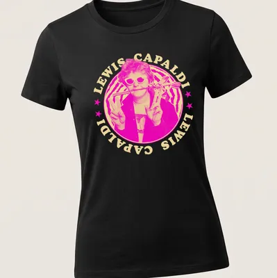 Halftone print of Lewis Capaldi's name in pink, yellow, black, and white. — printed on a women's shirt