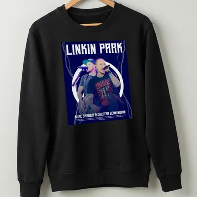 Linkin Park t-shirt with bold graphic of Mike Shinoda and Chester Bennington — printed on a unisex sweatshirt