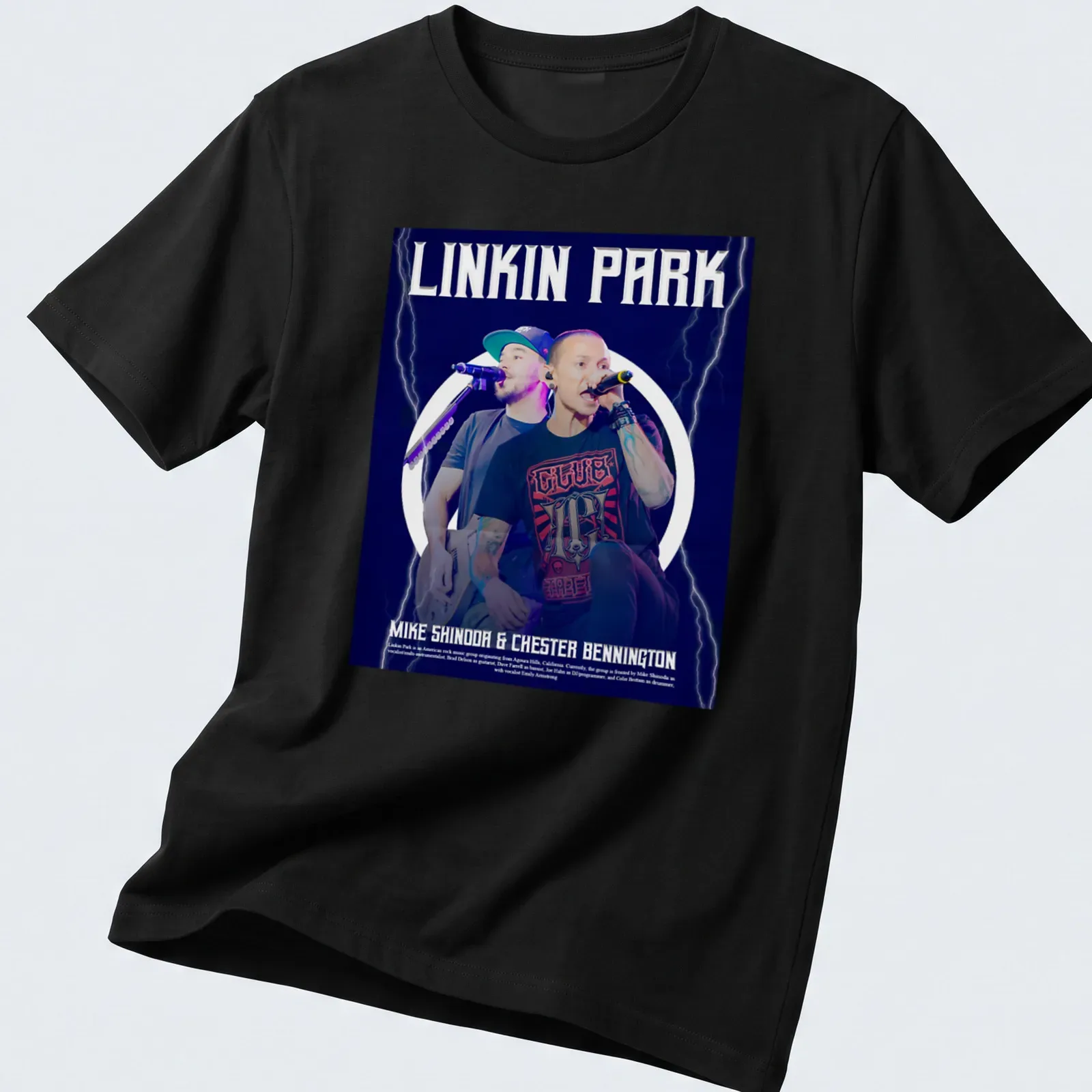 Linkin Park t-shirt with bold graphic of Mike Shinoda and Chester Bennington — printed on a unisex t-shirt