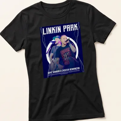 Linkin Park t-shirt with bold graphic of Mike Shinoda and Chester Bennington — printed on a women's shirt