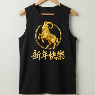 Lunar Ram illustration with Chinese text '新年快乐' in gold, white, and brown — printed on a tank top