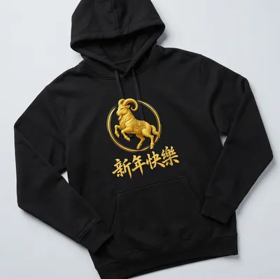 Lunar Ram illustration with Chinese text '新年快乐' in gold, white, and brown — printed on a unisex hoodie