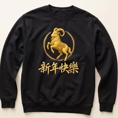Lunar Ram illustration with Chinese text '新年快乐' in gold, white, and brown — printed on a unisex sweatshirt