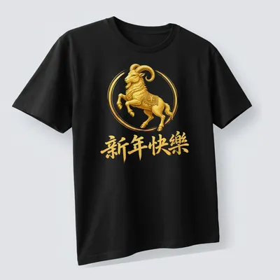 Lunar Ram illustration with Chinese text '新年快乐' in gold, white, and brown — printed on a unisex t-shirt (angled view)