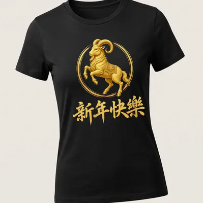 Lunar Ram illustration with Chinese text '新年快乐' in gold, white, and brown — printed on a women's shirt