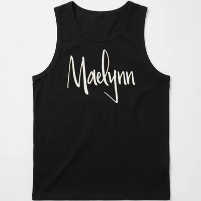 Personalized T-shirt with the name Maelynn in elegant gold script on white — printed on a tank top