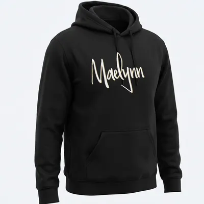 Personalized T-shirt with the name Maelynn in elegant gold script on white — printed on a unisex hoodie