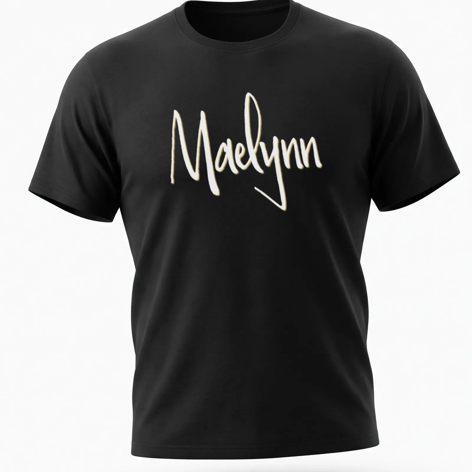Personalized T-shirt with the name Maelynn in elegant gold script on white — printed on a unisex t-shirt