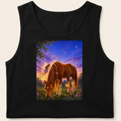 Illustration of fairies with a horse and flowers in vibrant colors — printed on a tank top