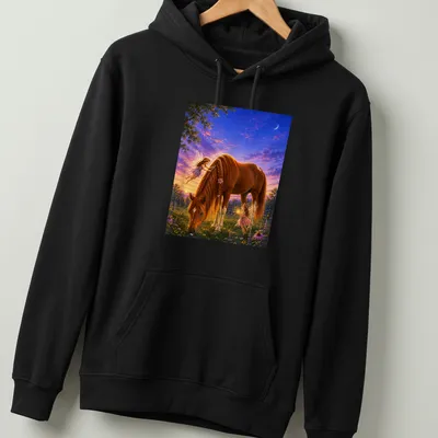 Illustration of fairies with a horse and flowers in vibrant colors — printed on a unisex hoodie