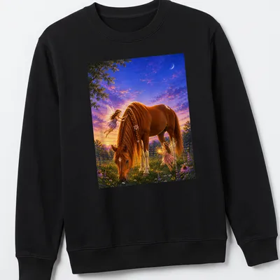 Illustration of fairies with a horse and flowers in vibrant colors — printed on a unisex sweatshirt