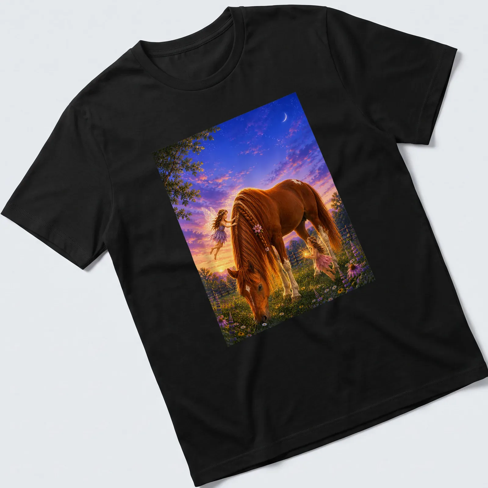 Illustration of fairies with a horse and flowers in vibrant colors — printed on a unisex t-shirt