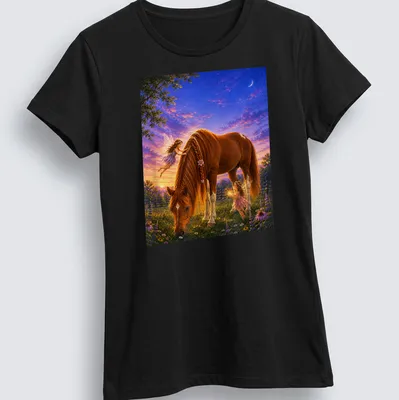 Illustration of fairies with a horse and flowers in vibrant colors — printed on a women's shirt